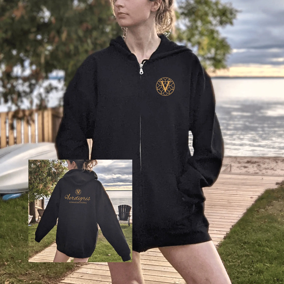 Royal blue Verdigris Zip Hoodie by Winks Design Studio, LLC, featuring a front zipper and casual fit.