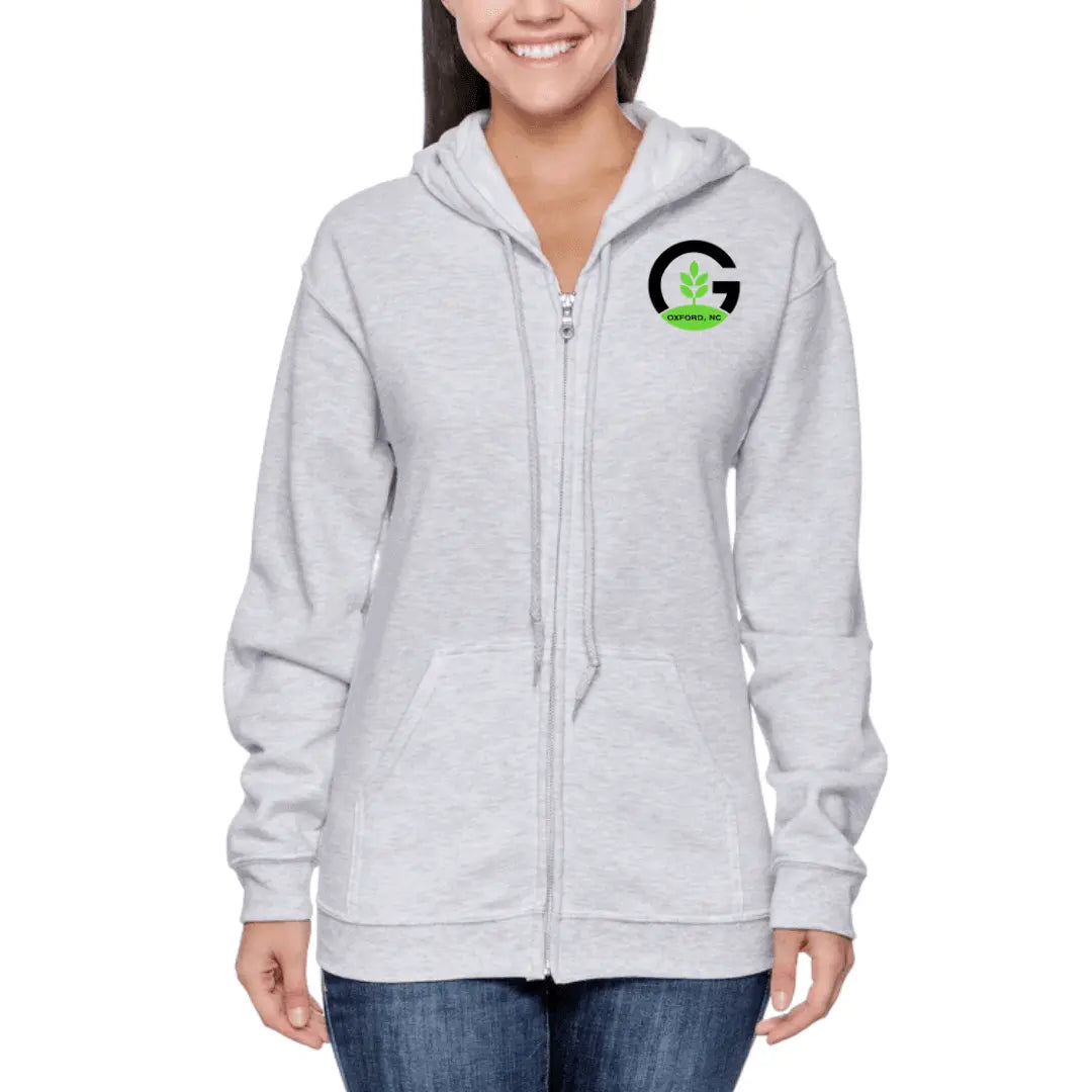 White Granville Gardeners Full Zip Hoodie by Winks Design Studio, LLC, shown on a small-sized model with a front zipper and hood.