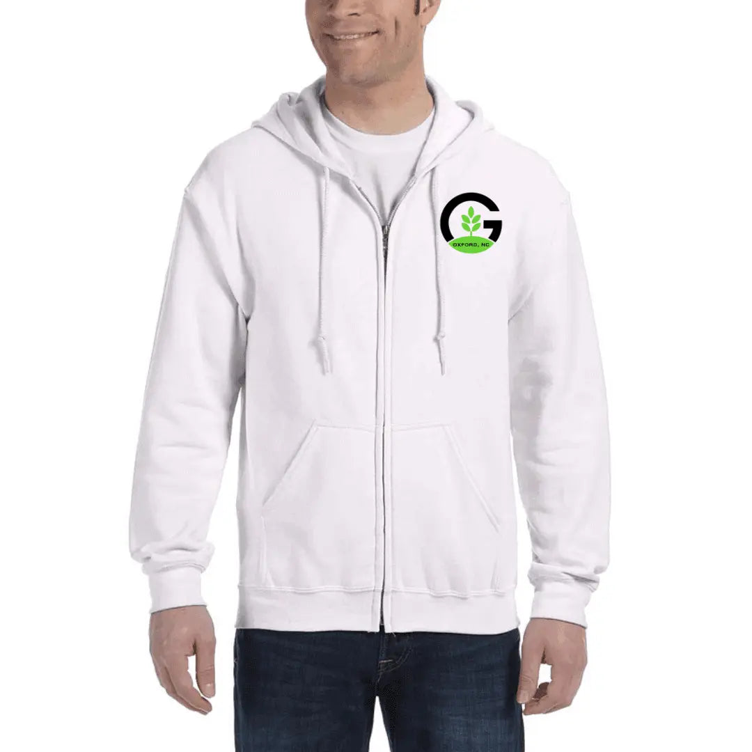 White Granville Gardeners Full Zip Hoodie by Winks Design Studio, LLC, displayed on a small-sized hoodie.