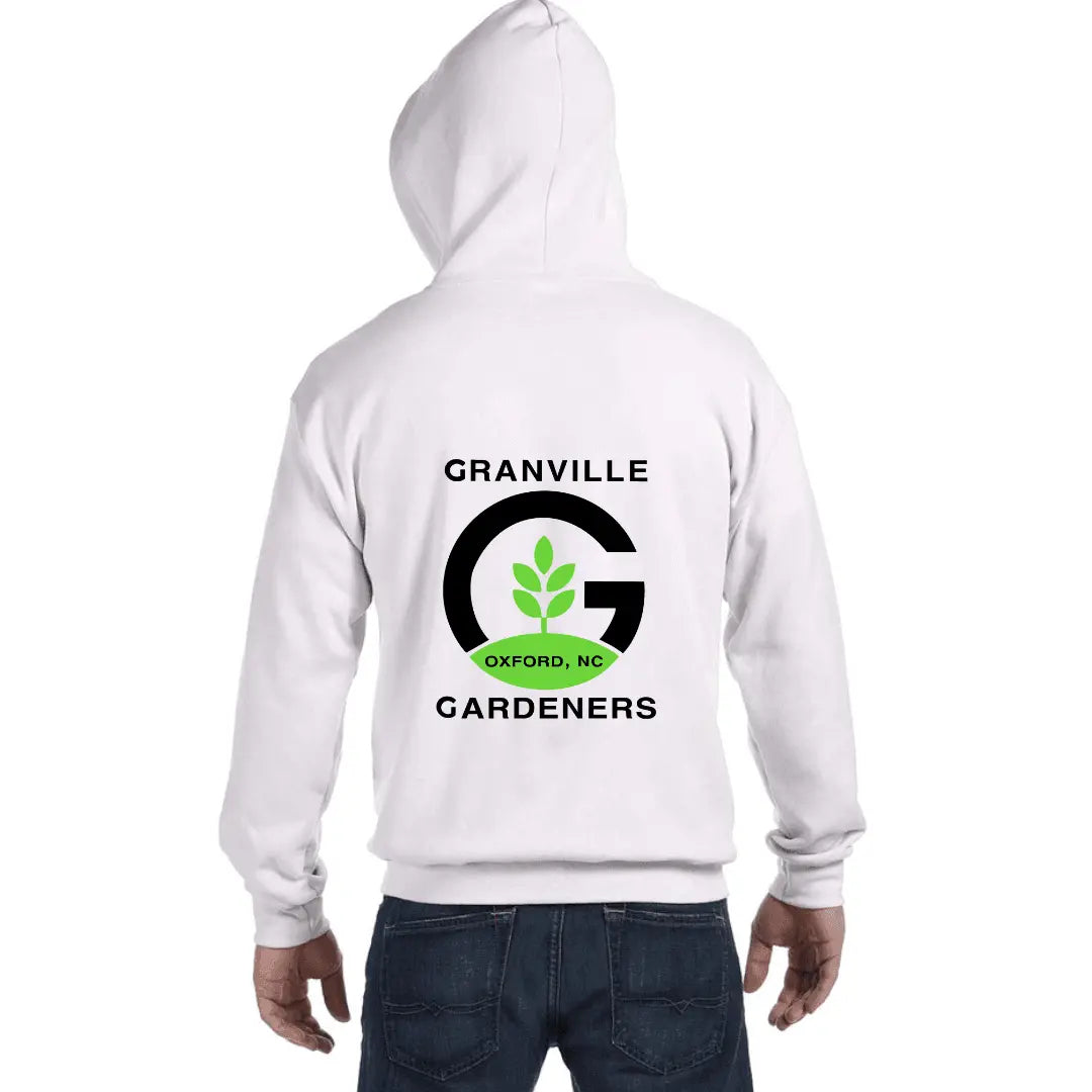 White Granville Gardeners Full Zip Hoodie by Winks Design Studio, LLC, featuring a comfortable fit and full zipper front.