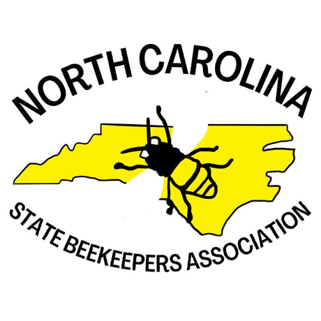 North Carolina State Beekeepers Association logo featuring a bee over a yellow map of North Carolina.