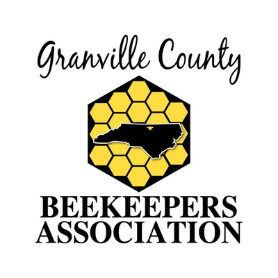 Granville County Beekeepers Association logo with honeycomb background and North Carolina state outline.