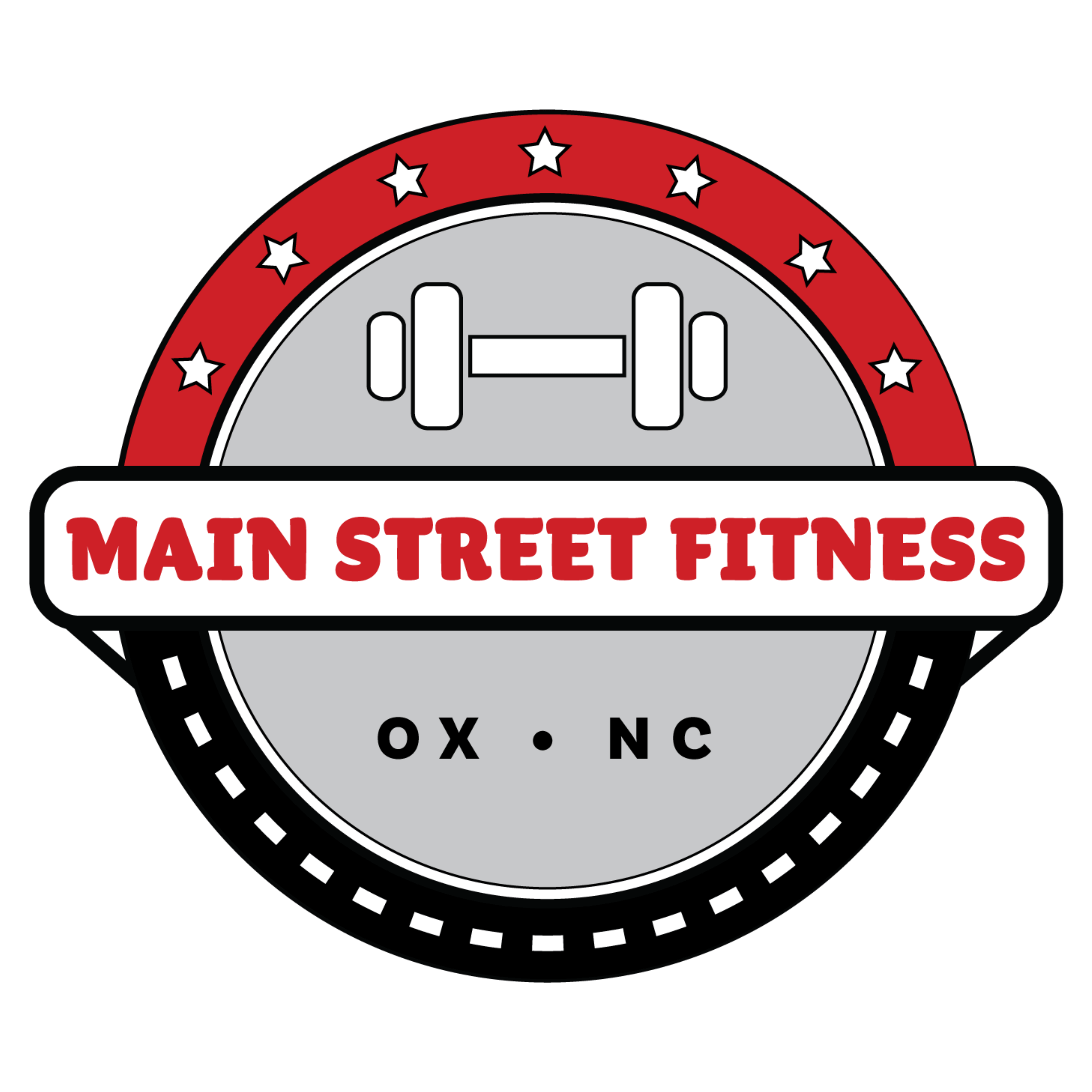 Main Street Fitness logo featuring a dumbbell and red star design