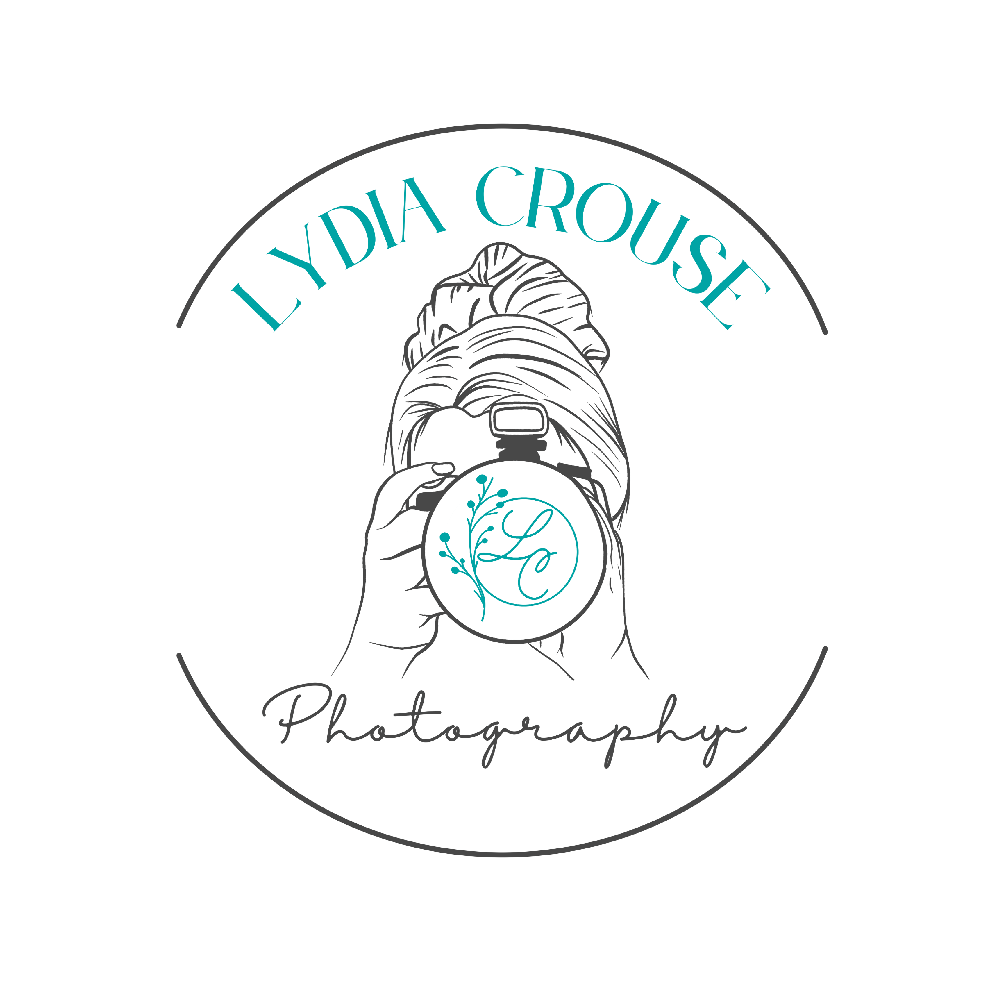 Lydia Crouse Photography logo featuring an artistic depiction of a photographer holding a camera with floral elements.