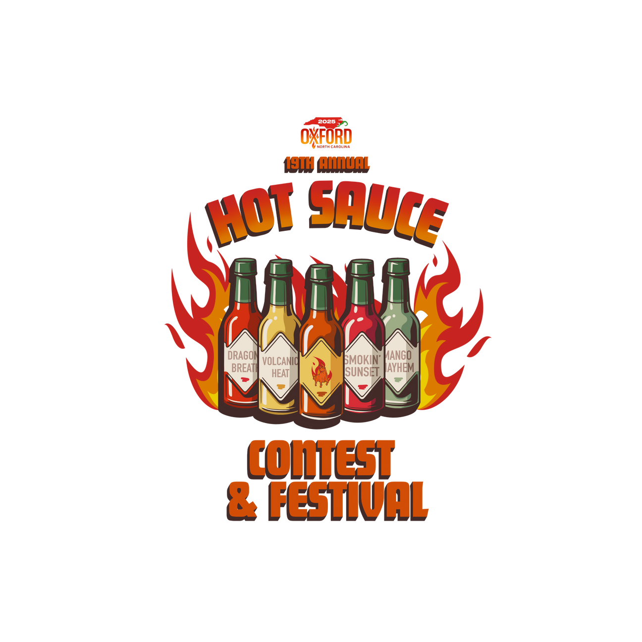 2024 NC Hot Sauce Contest & Festival logo with spicy pepper design, Oxford, NC, official event merchandise.