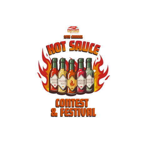 2024 NC Hot Sauce Contest & Festival logo with spicy pepper design, Oxford, NC, official event merchandise.