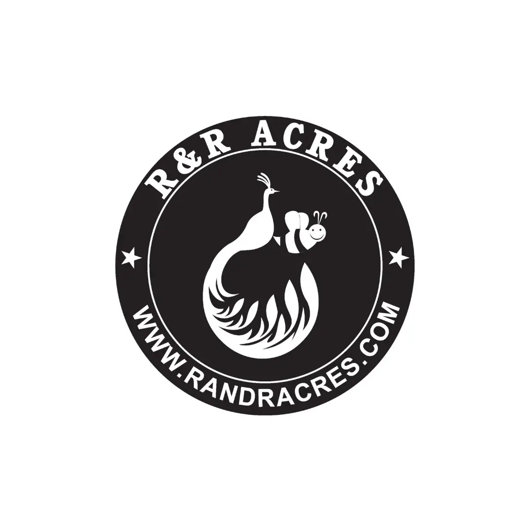 R & R Acres logo featuring a bee design, highlighting quality honey products and apparel from www.randracres.com