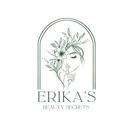 Erika's Beauty Secrets logo with illustrated floral design and elegant woman silhouette