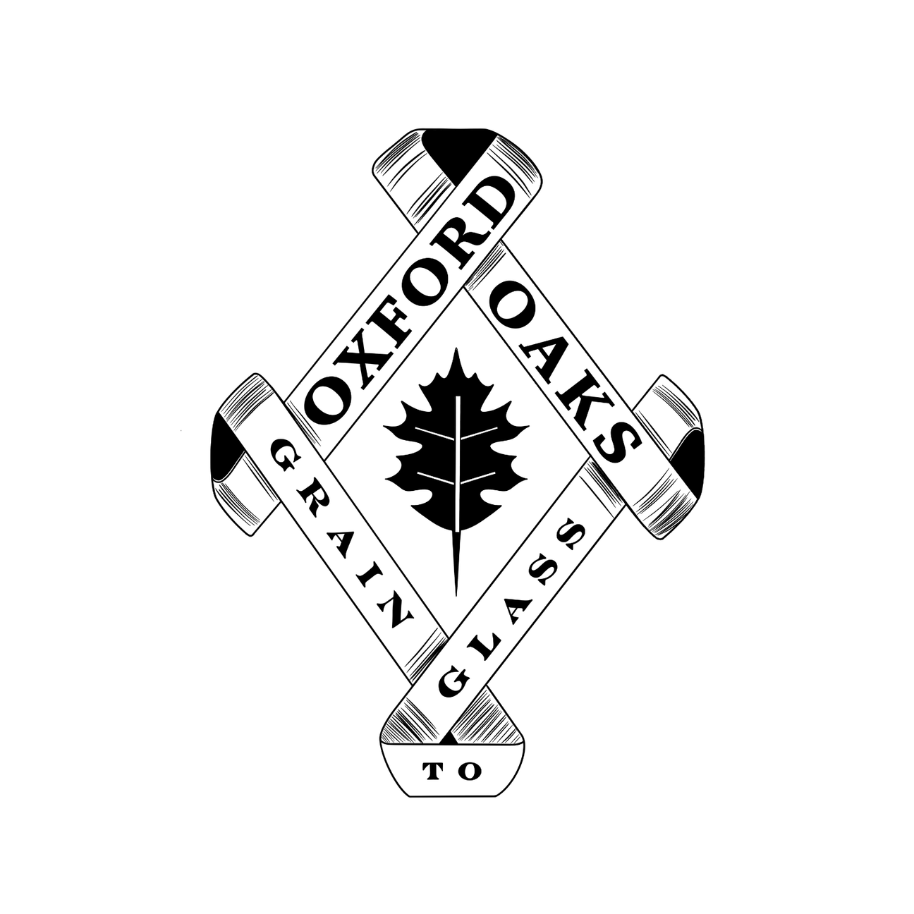 Oxford Oaks Distillery logo featuring oak leaf and "Grain to Glass" motto.