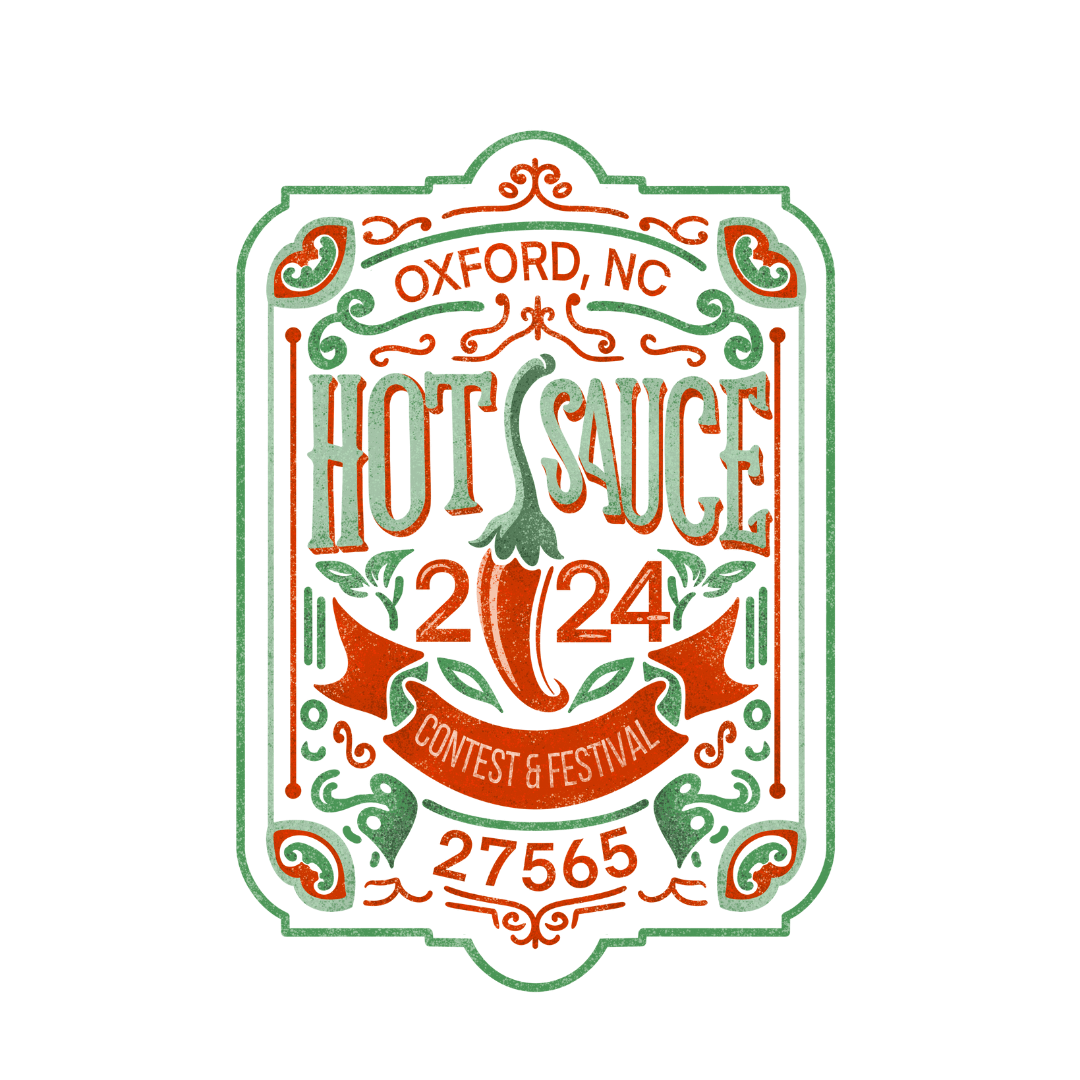 2024 NC Hot Sauce Contest & Festival logo with spicy pepper design, Oxford, NC, official event merchandise.