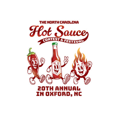 2024 NC Hot Sauce Contest & Festival logo with spicy pepper design, Oxford, NC, official event merchandise.