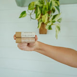 Hand holding a bar of soap with a plant in the background