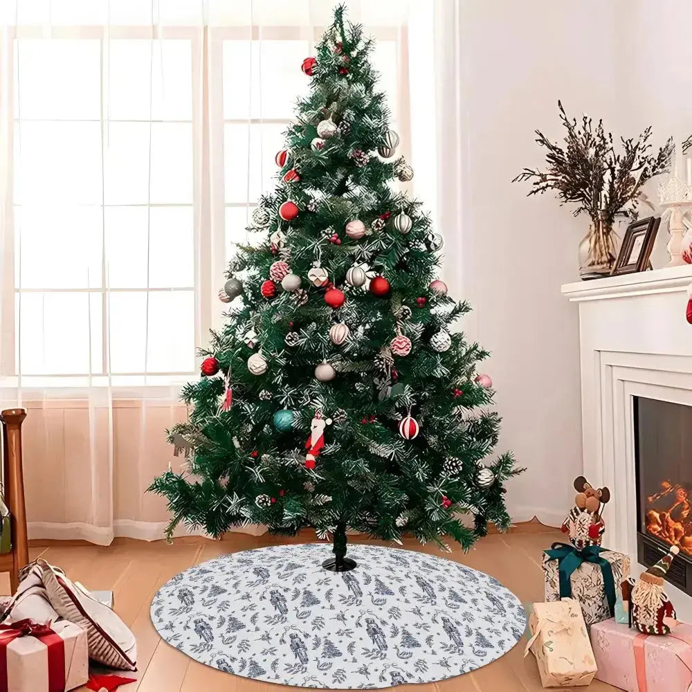 Elegant Nutcracker Christmas Tree Skirt by Winks Design Studio, LLC, featuring festive nutcracker and holiday-themed fabric design.