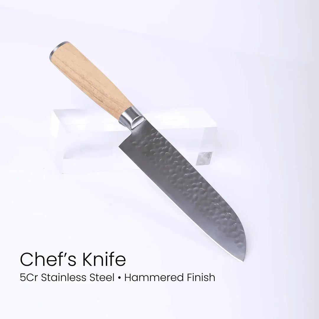 Six-piece Winks Design Studio chef knife set with engraved blades, magnetic rubberwood storage block for kitchen and dining use