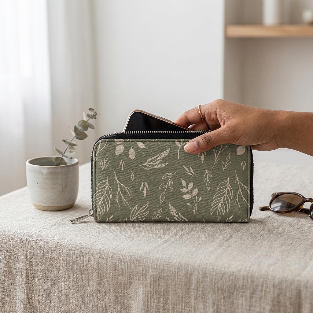 Winks Design Studio leather wallet with sage green accents, compact design, and multiple card slots.