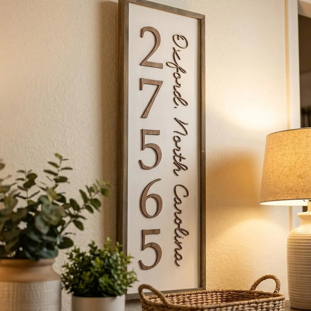 Personalized wood wall art featuring city, state, and zip code in a vertical layout, 1ft x 3ft by Winks Design Studio, LLC.