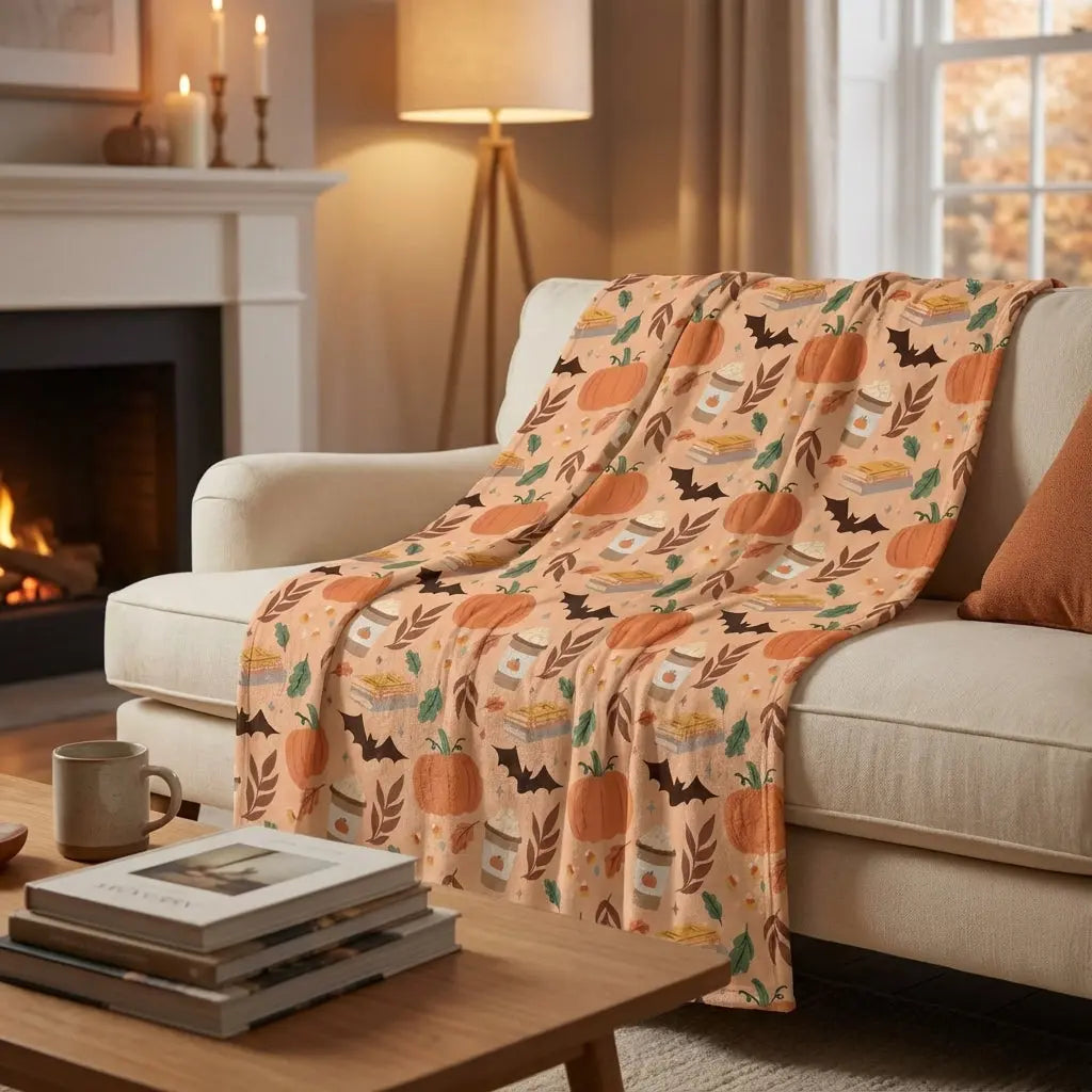 Pumpkin Patch fall-themed blanket by Winks Design Studio, LLC, showing orange and brown pumpkin and leaf patterns on soft fabric.