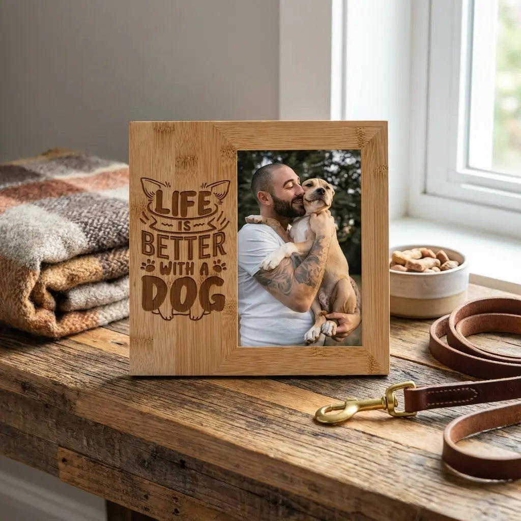 Personalized bamboo 5x7 photo frame with custom engraving from Winks Design Studio, LLC, showcasing a wooden picture frame.