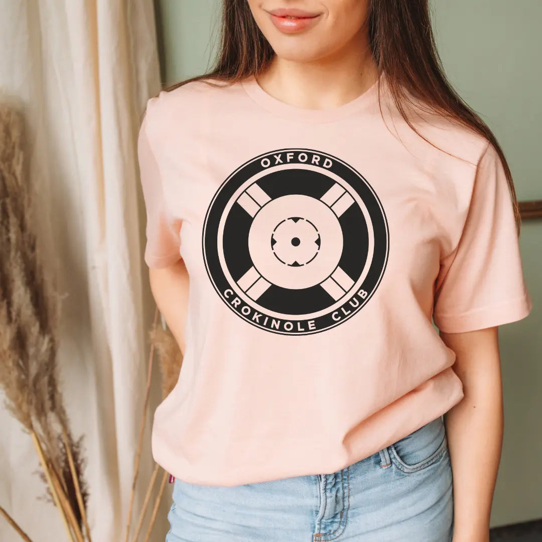 Oxford Crokinole Club Chest T-shirt by Winks Design Studio, LLC, featuring a comfortable cotton fabric with a printed club logo design.