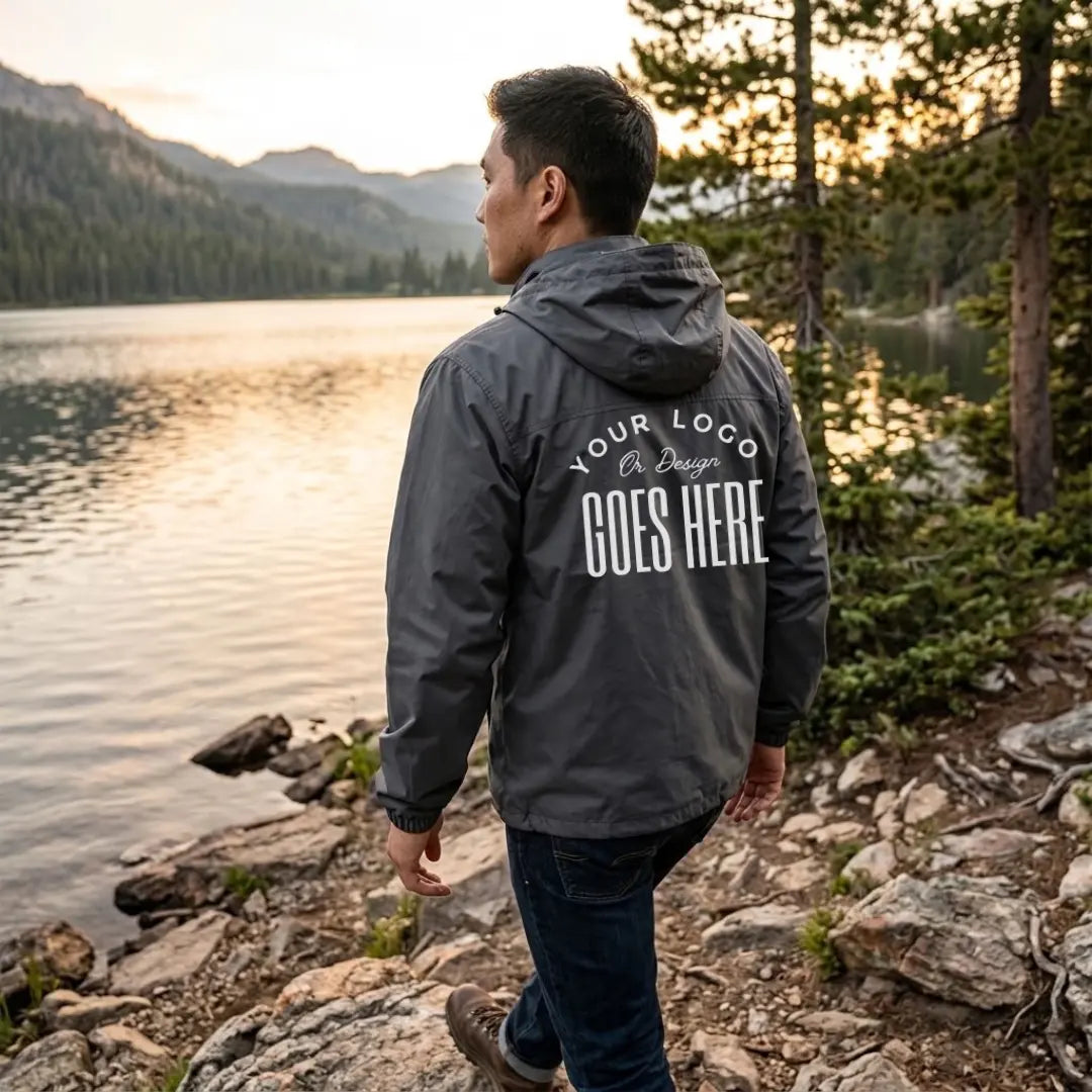 Back view of a charcoal gray custom hooded windbreaker with a large white "Your Logo or Design Goes Here" back placeholder print