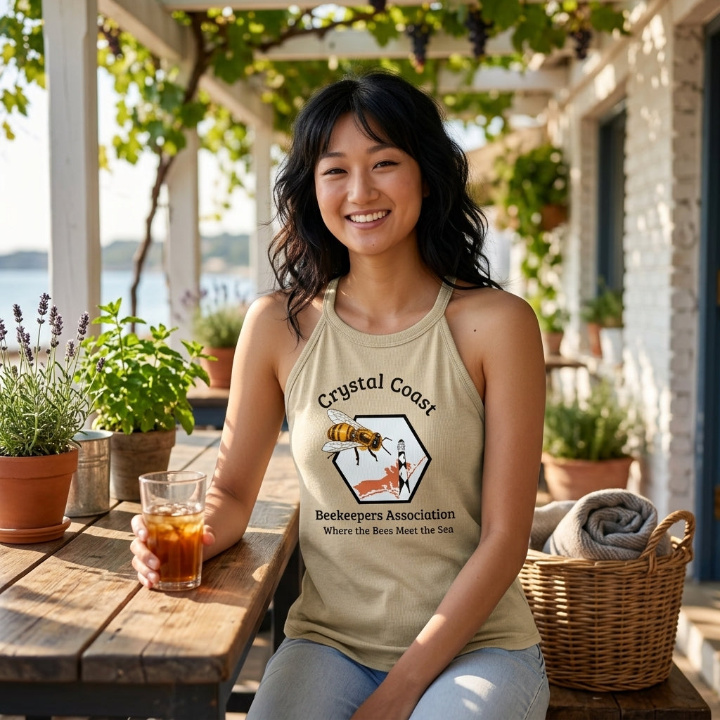 Crystal Coast Beekeepers halter tank top by Winks Design Studio, LLC, featuring a comfortable sleeveless shirt with a beekeeping theme.