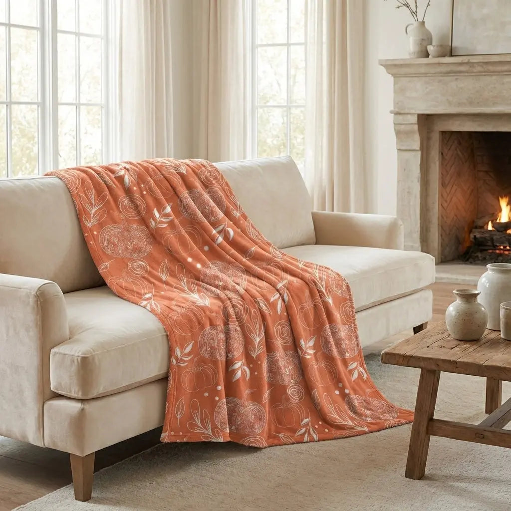 Soft flower pumpkin fleece blanket by Winks Design Studio, LLC, featuring a cozy floral pumpkin pattern on plush fabric.