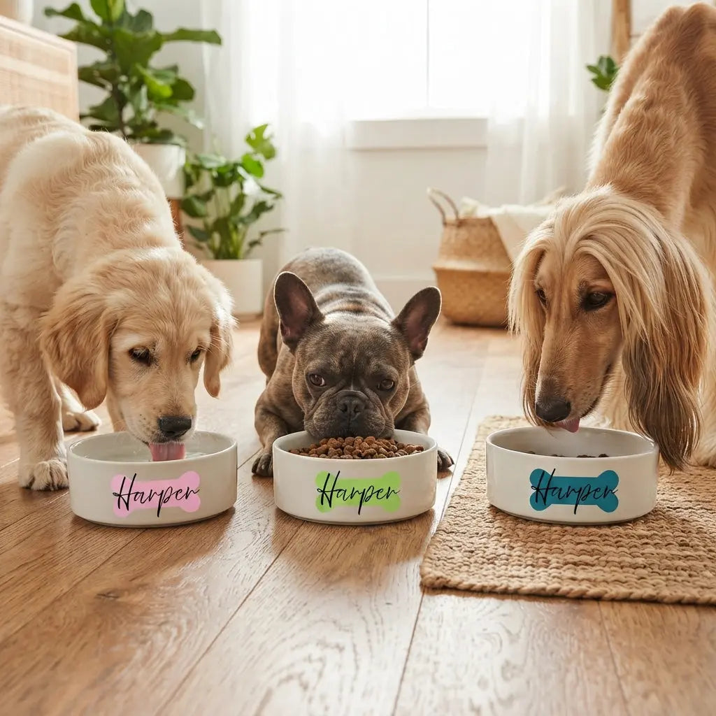 Custom bone-shaped ceramic dog bowl by Winks Design Studio, LLC, with a smooth white finish and raised edges for pets.
