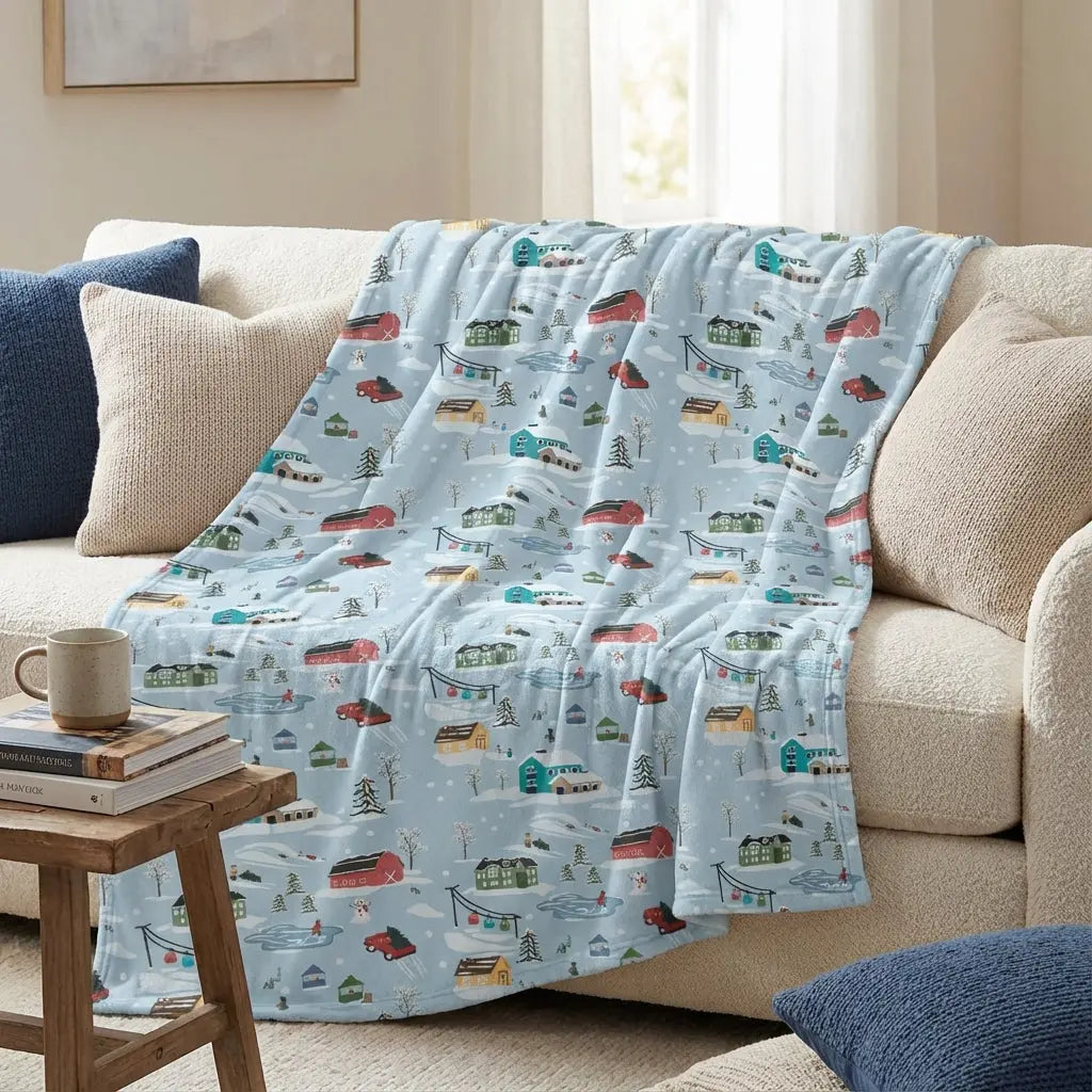 Winks Design Studio Christmas Village fleece blanket 80x60 with holiday-themed winter village scene in soft, cozy fabric.