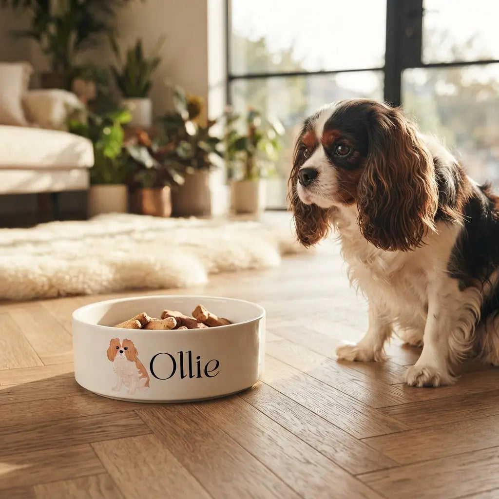 Ceramic dog bowl with custom pet portrait design by Winks Design Studio, LLC, featuring a colorful, personalized pet artwork.