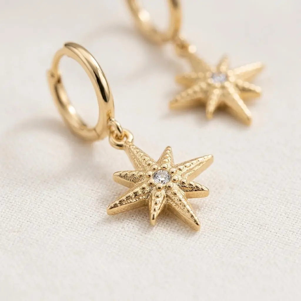 18K gold compass huggie earrings with CZ charm hoops by Winks Design Studio, LLC, featuring detailed nautical-inspired design.