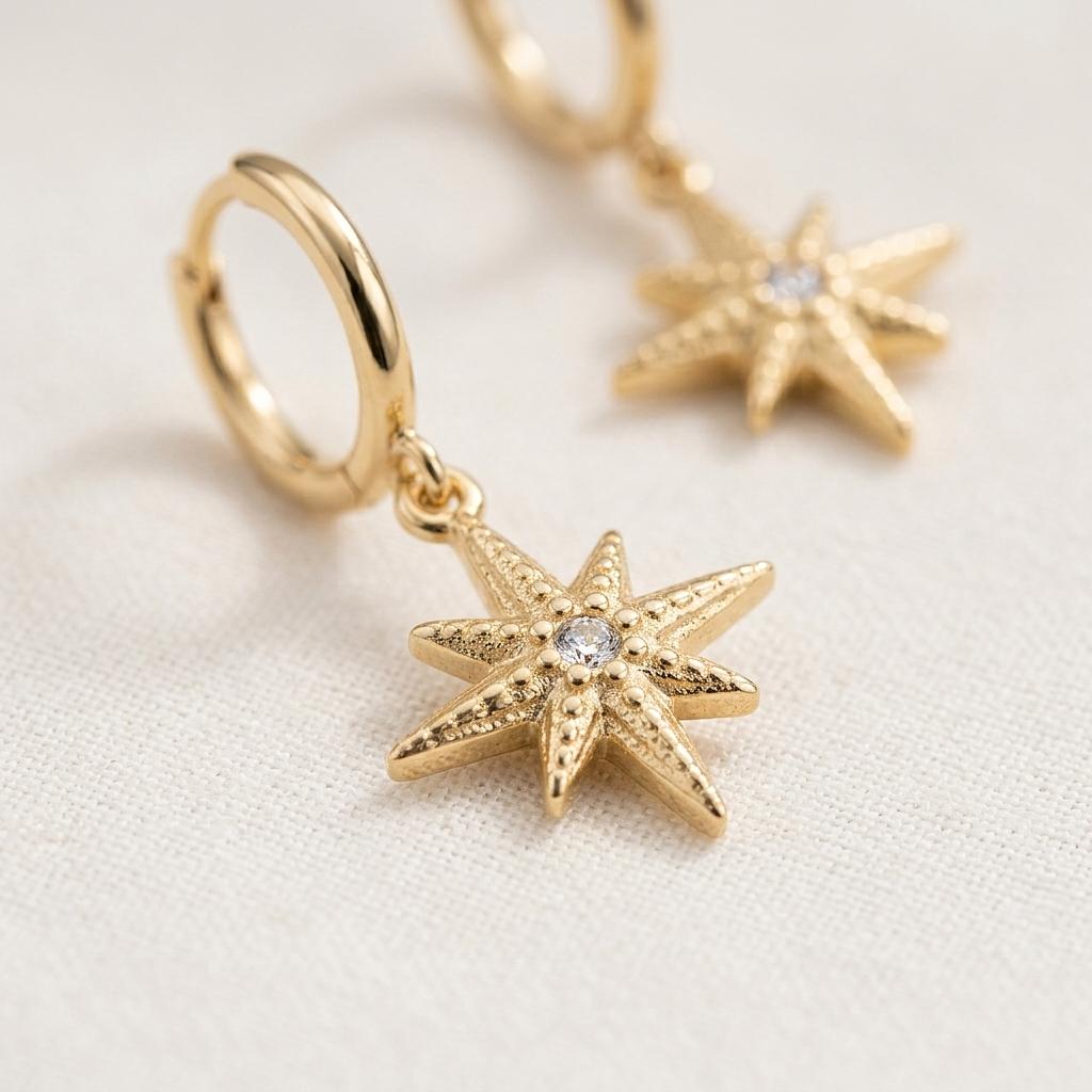 18K Gold Compass Huggie Earrings | CZ Charm Hoops - Winks Design Studio,LLC