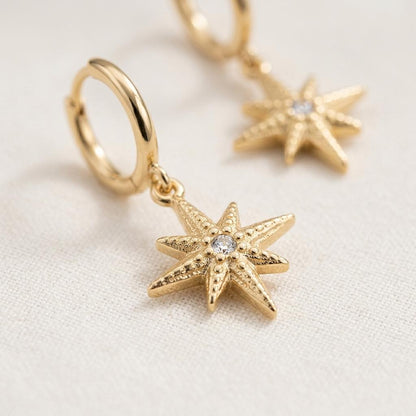18K Gold Compass Huggie Earrings | CZ Charm Hoops - Winks Design Studio,LLC