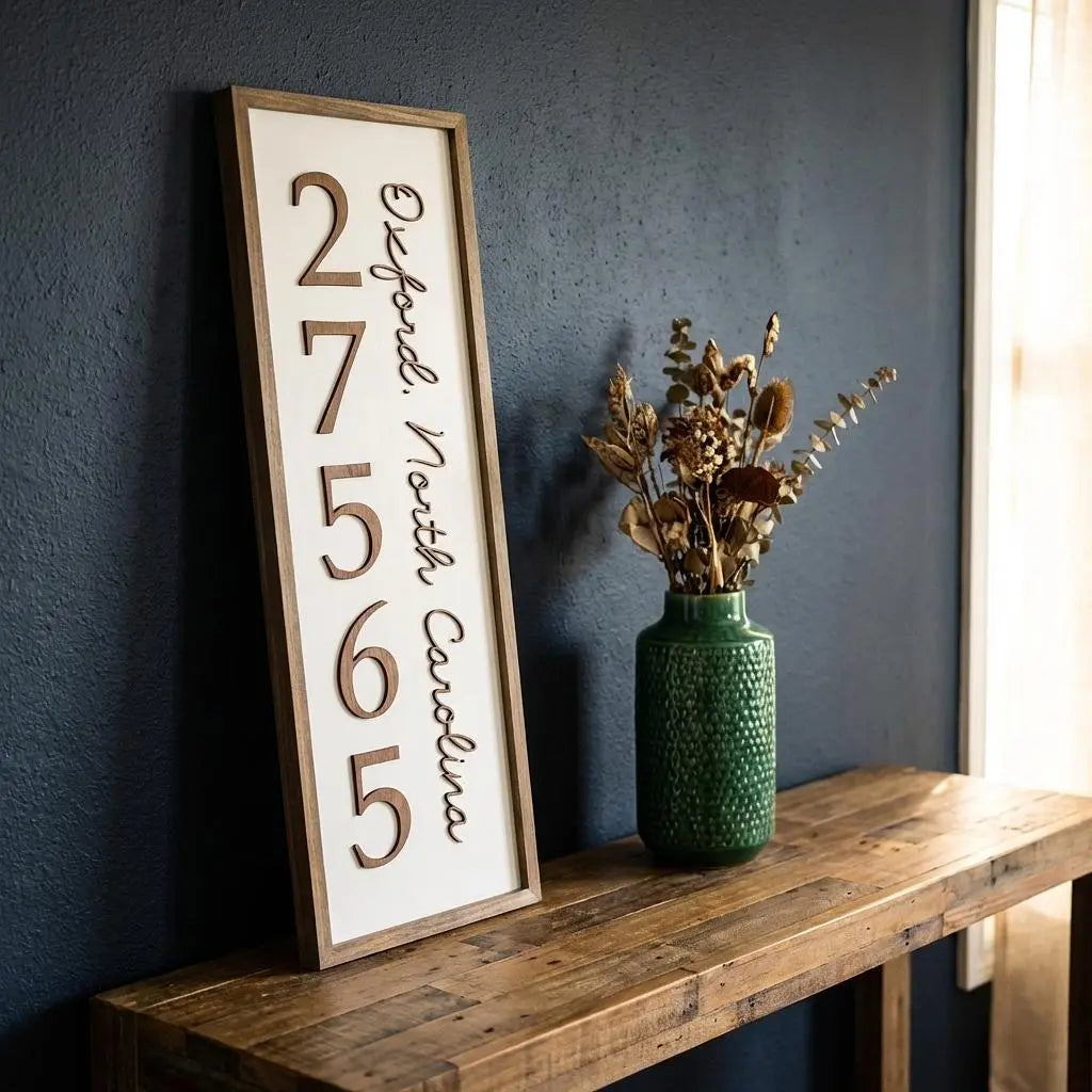 Personalized wood wall art sign with city, state, and zip code in vertical layout, measuring 1ft by 3ft, from Winks Design Studio.