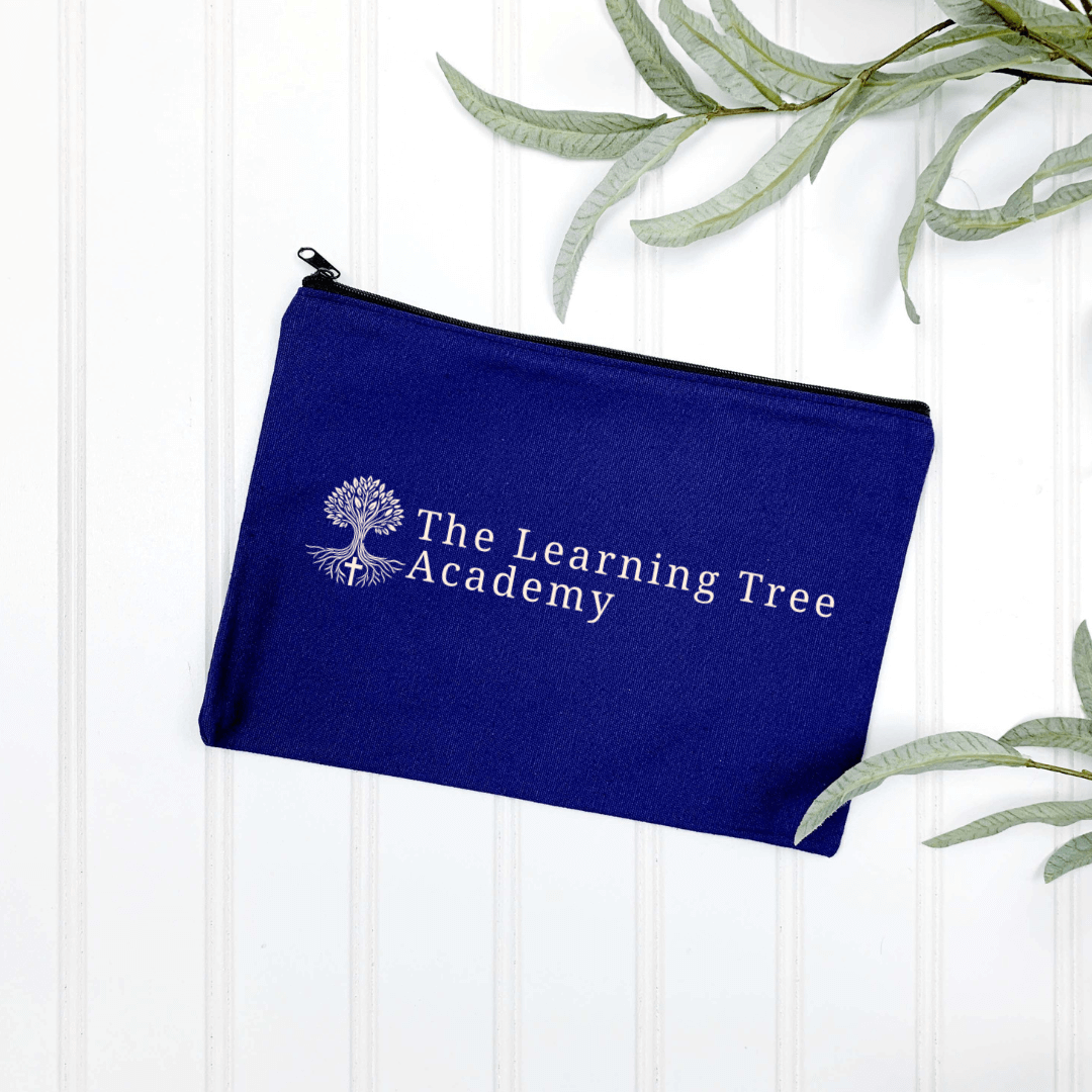 Blue pencil bag with The Learning Tree Academy logo, perfect for school supplies organization.