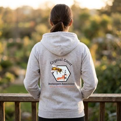 Winks Design Studio Crystal Coast Beekeepers full zip hoodie in navy with beekeeping logo and front pockets.