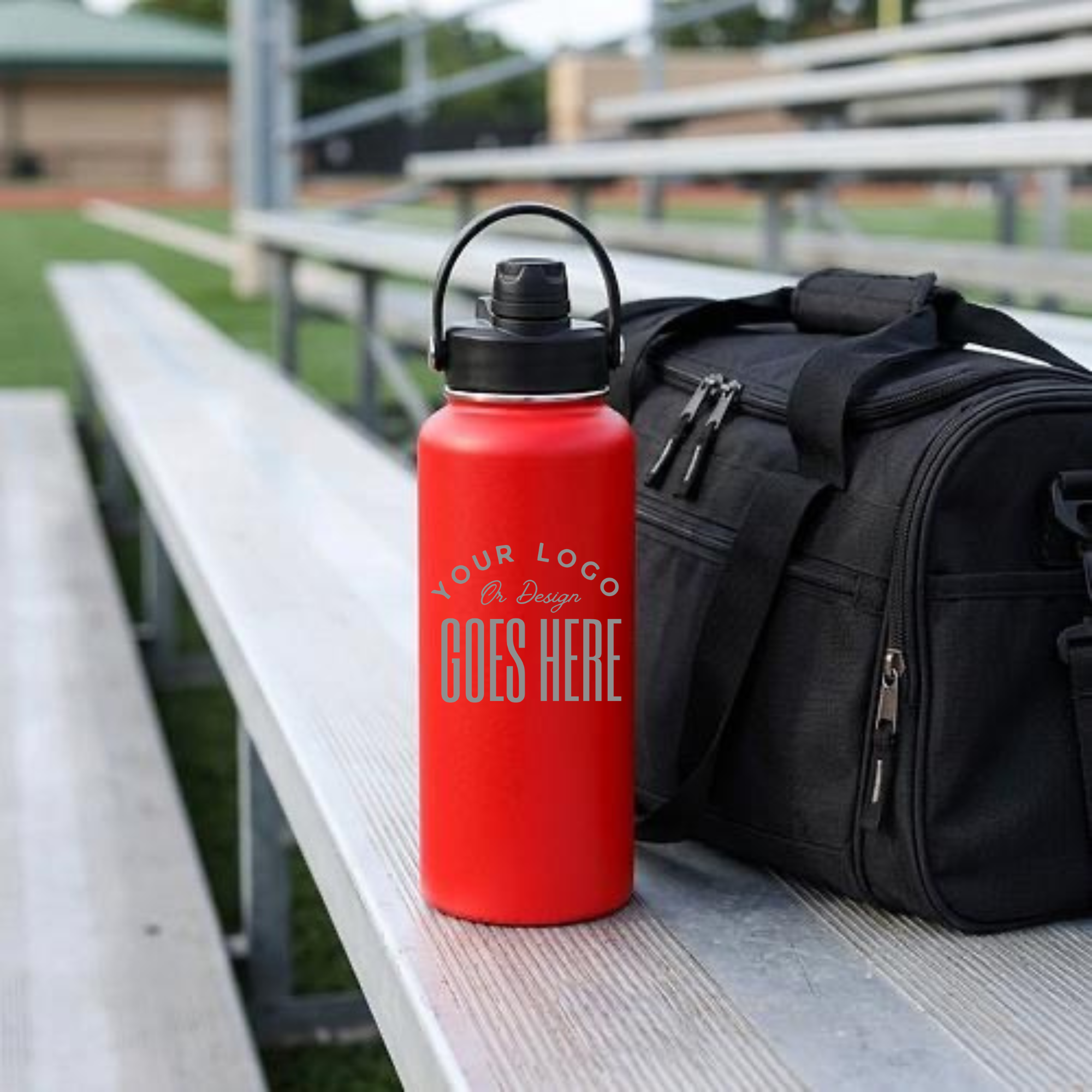 A red insulated water bottle with a black lid and handle sits on a metal bleacher seat next to a black duffel bag. The bottle has placeholder text printed on the front reading &