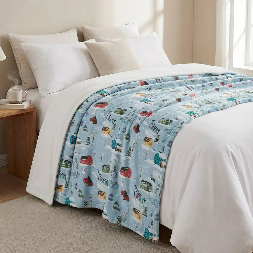 Winks Design Studio Christmas Village fleece blanket 80x60 with holiday-themed festive village print, cozy throw for winter.