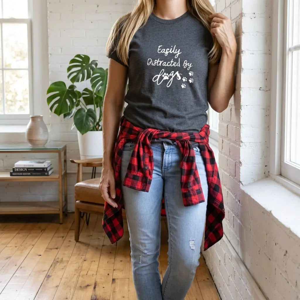 Soft gray T-shirt by Winks Design Studio, LLC featuring the "Easily Distracted By Dogs" print on the front.