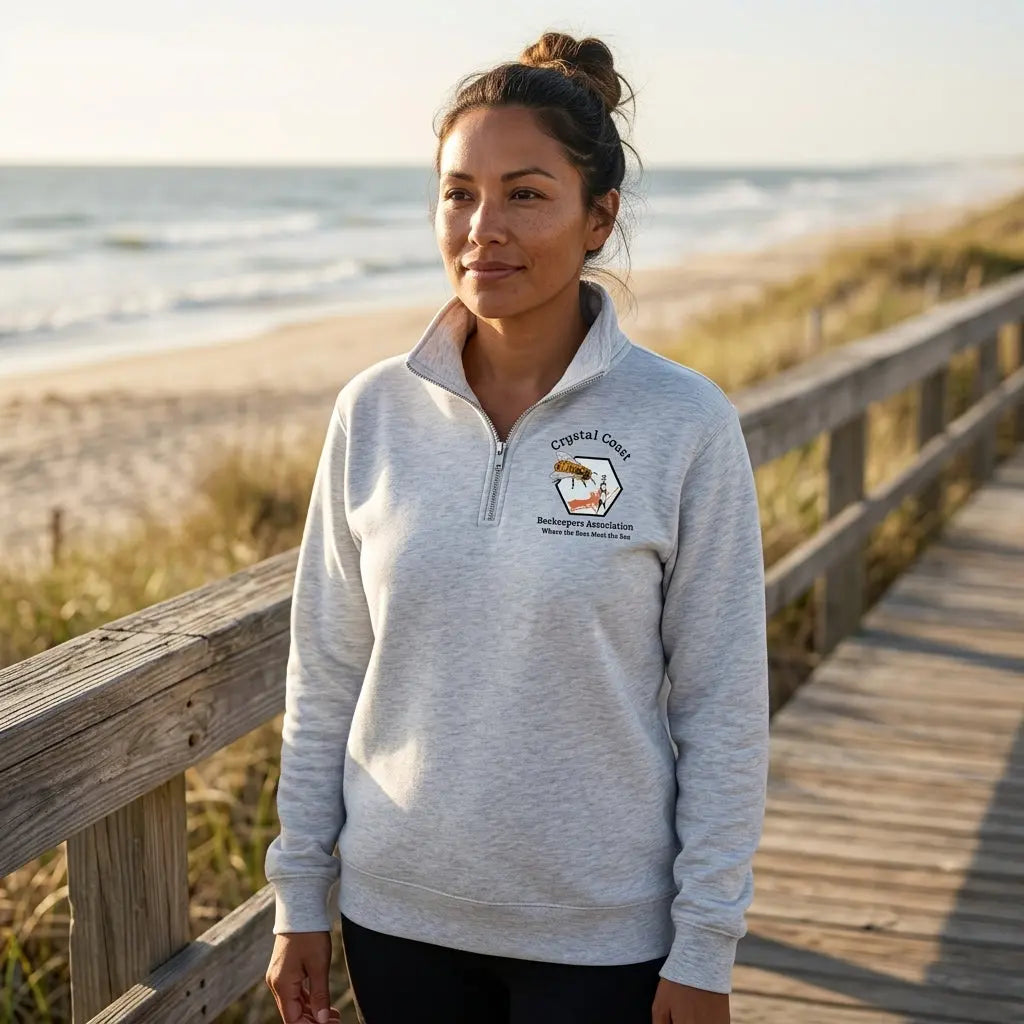 Winks Design Studio Crystal Coast Beekeepers quarter zip hoodie in soft fabric with a front zipper and beekeeping-themed design.