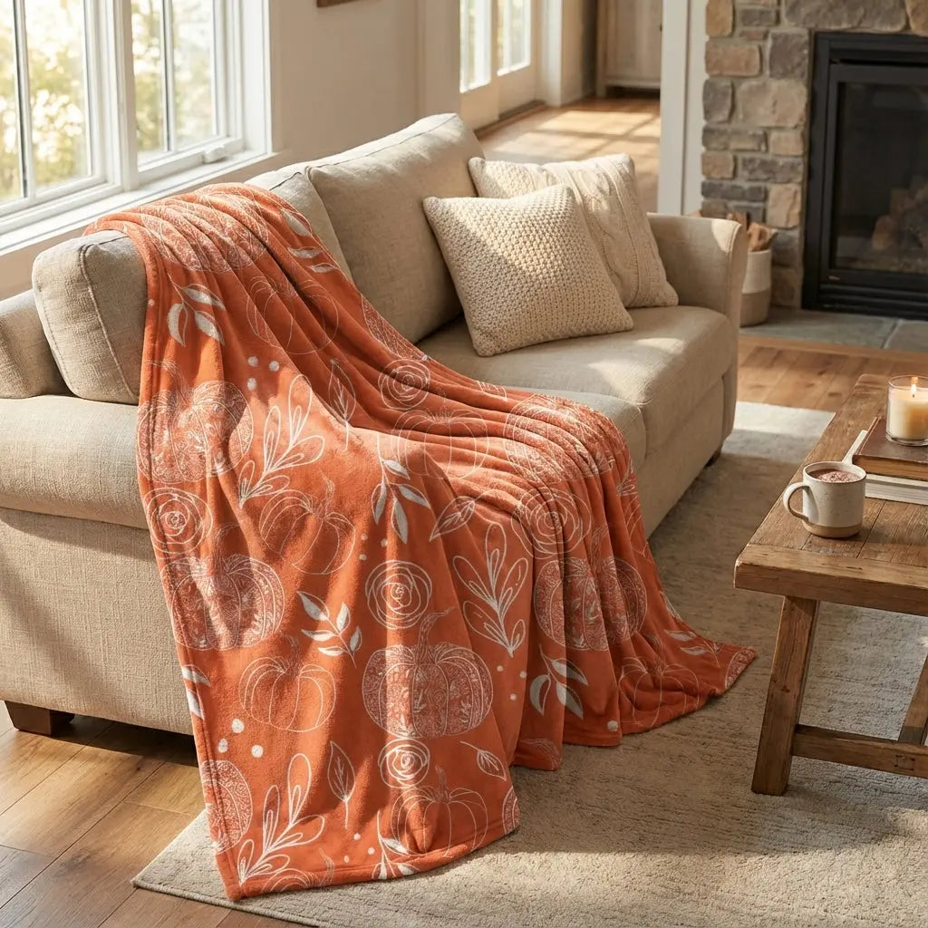 Soft flower pumpkin fleece blanket by Winks Design Studio, LLC featuring a cozy, decorative pumpkin and floral pattern.