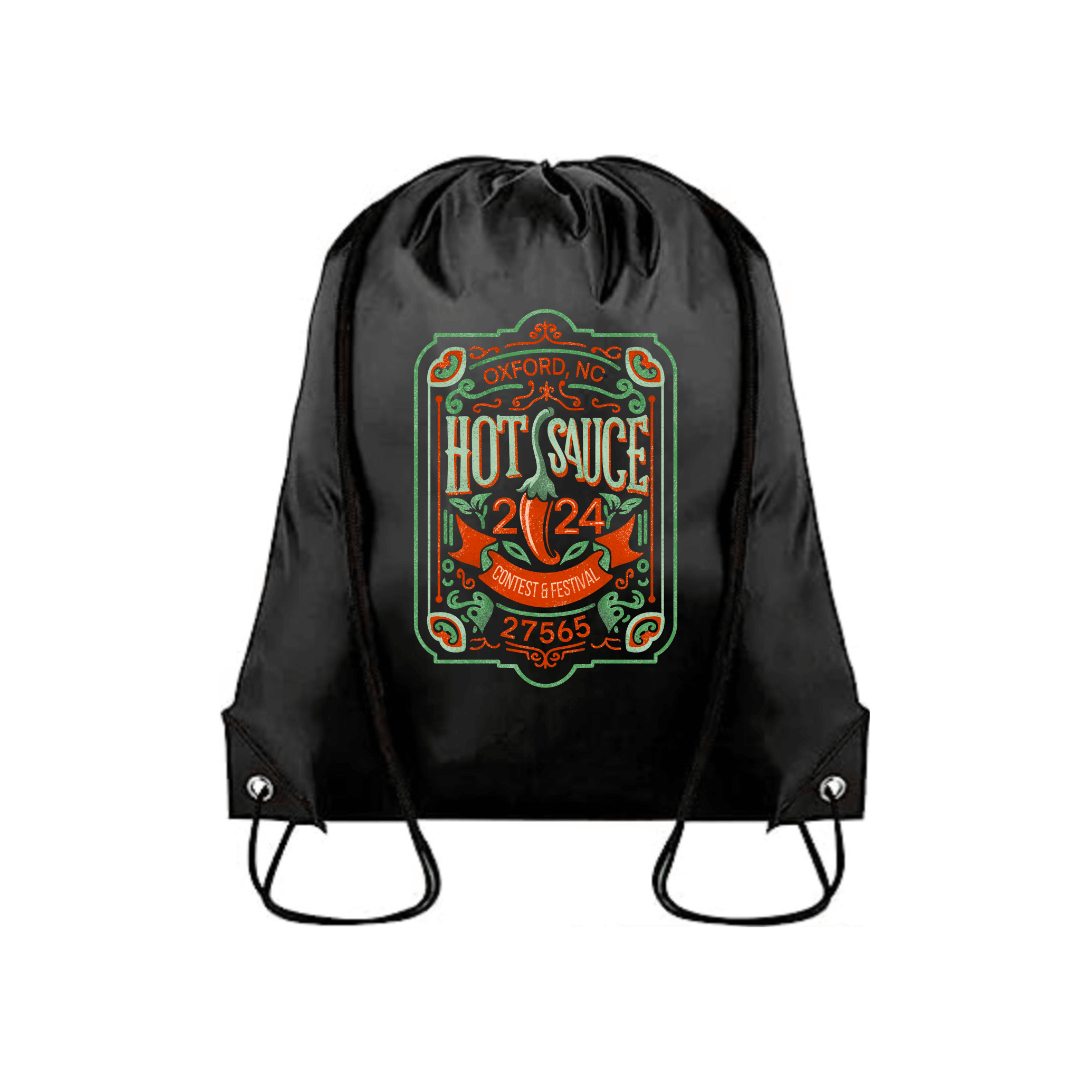 NC Hot Sauce Contest & Festival Cinch Bag with Vintage Label Design 2024 on black fabric, perfect for festival-goers and hot sauce enthusiasts.