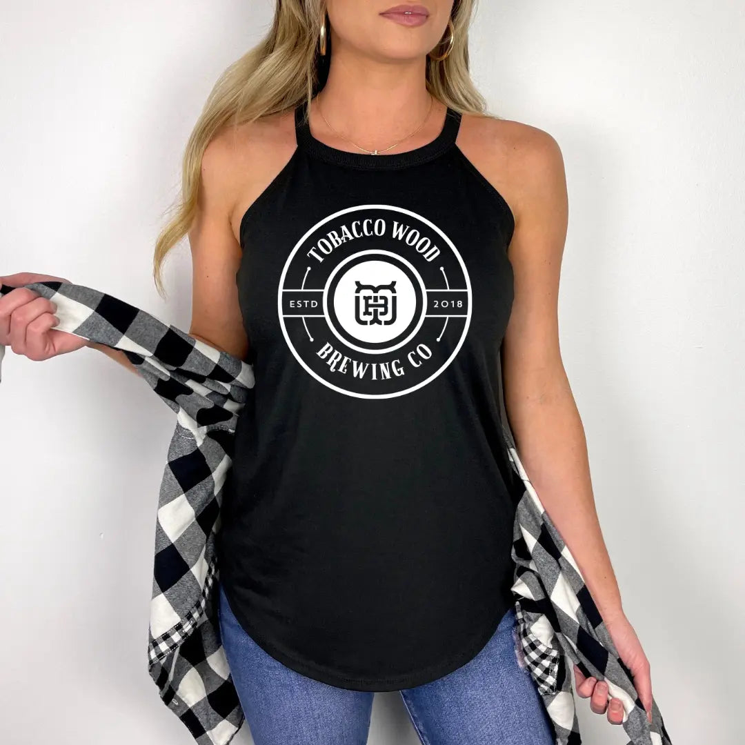 Winks Design Studio Tobacco Wood Brewing Halter Tank top in brown with a fitted halter style, displayed on a model.