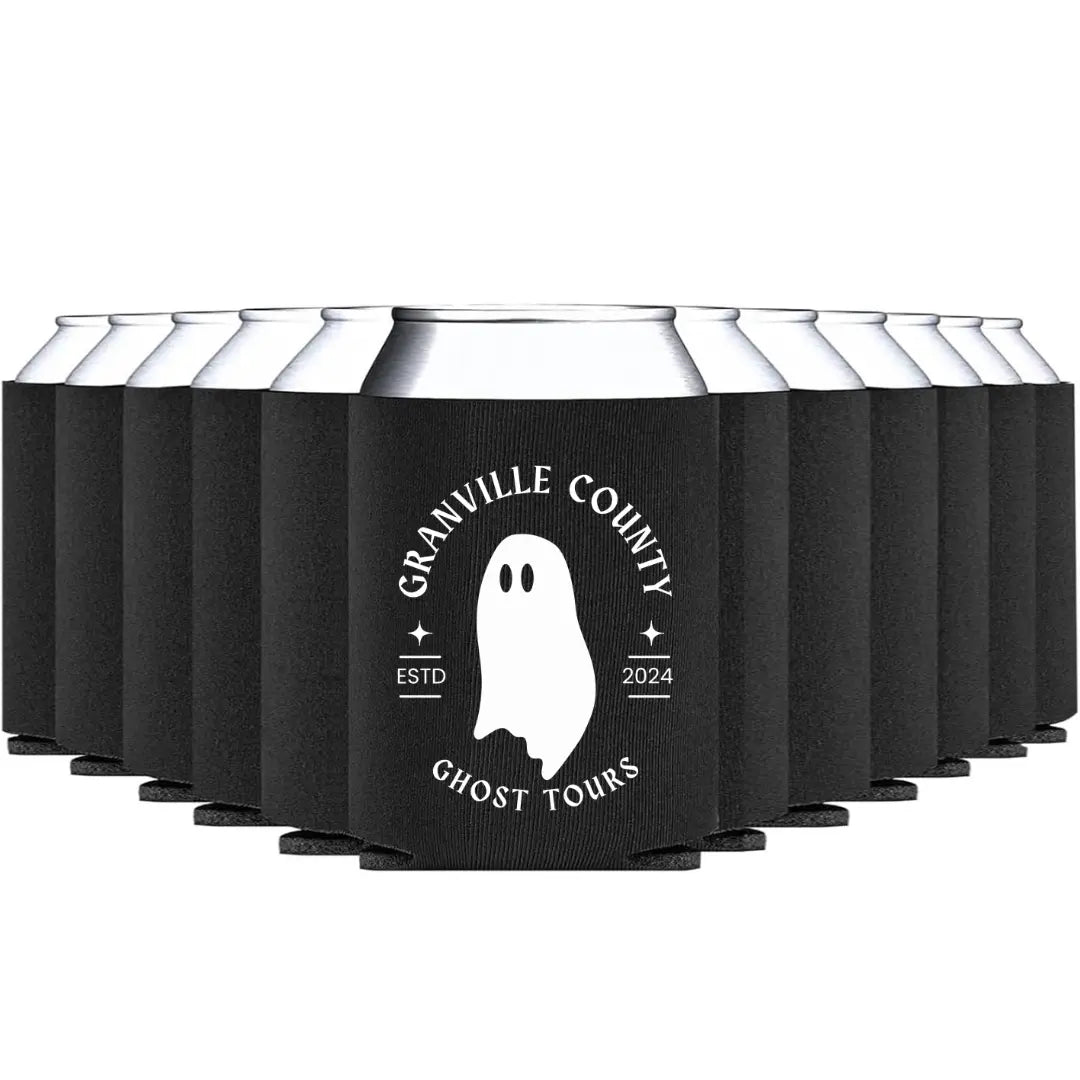 Granville County Ghost Tours drink koozie by Winks Design Studio, LLC, featuring spooky ghost-themed design for keeping beverages cold.