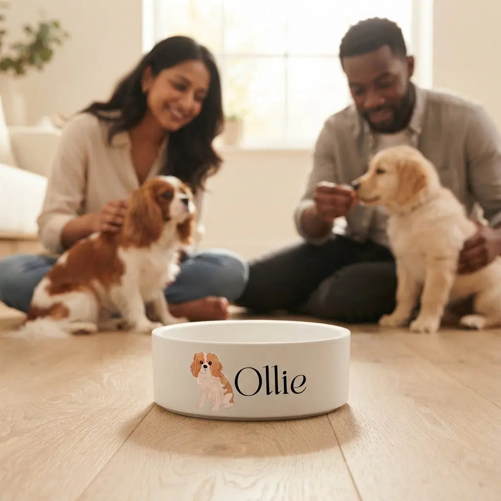 Custom ceramic dog bowl with pet portrait design by Winks Design Studio, LLC, featuring a decorative, personalized pet bowl for dogs.