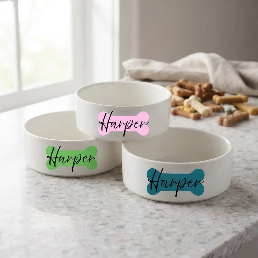 Custom bone-shaped ceramic dog bowl by Winks Design Studio, LLC, with a smooth white finish and engraved design.