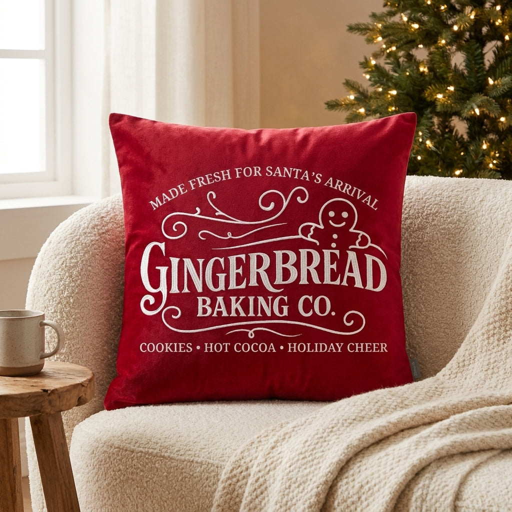 Winks Design Studio Gingerbread Baking Co. pillow with festive gingerbread and holiday-themed design on soft fabric.