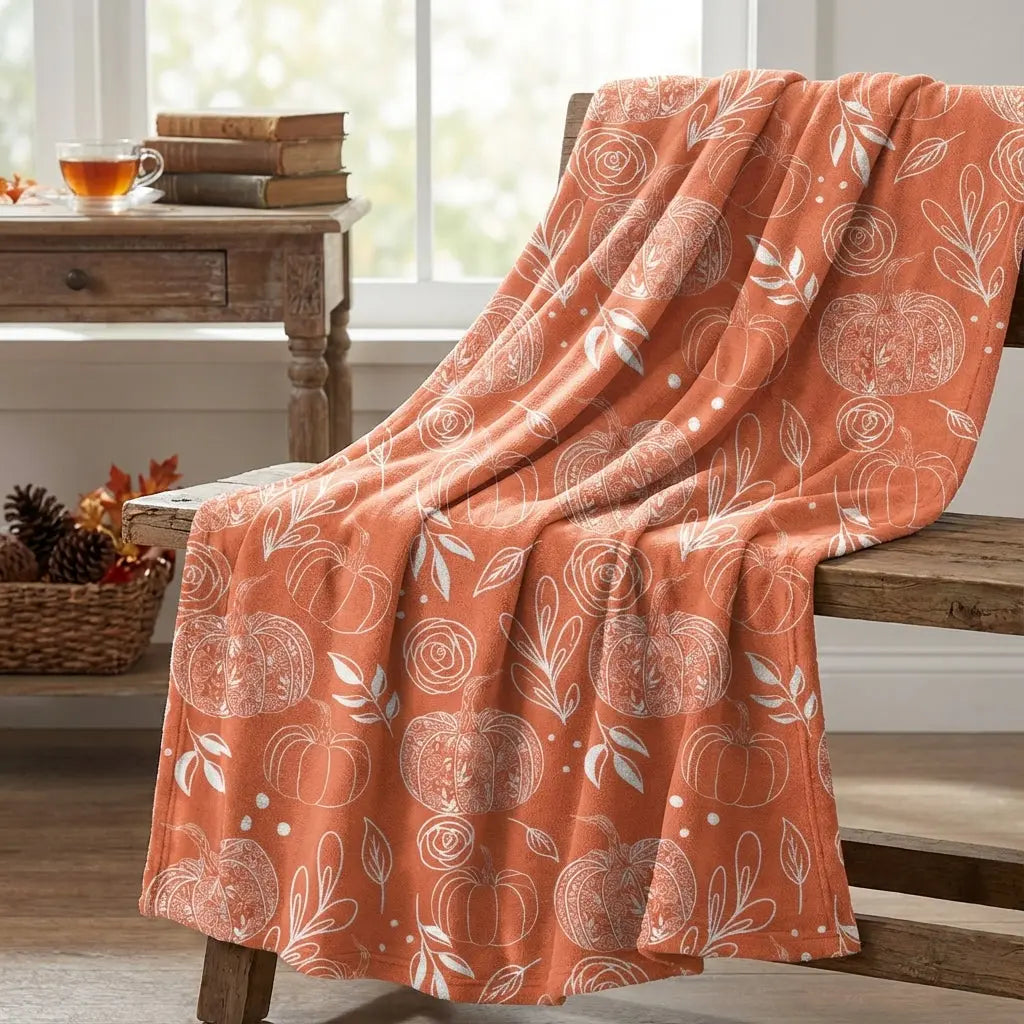 Flower pumpkin fleece blanket from Winks Design Studio LLC featuring a cozy, floral and pumpkin pattern on soft fleece fabric.