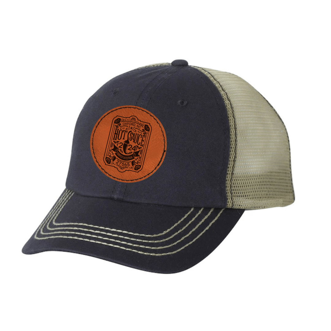 NC Hot Sauce Contest & Festival trucker hat with vintage label design, featuring a high-quality twill front and breathable mesh back.