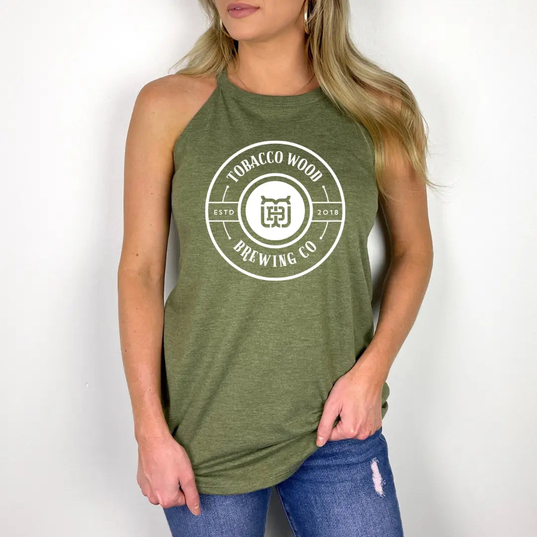 Winks Design Studio Tobacco Wood Brewing Halter Tank top in natural wood-inspired color, sleeveless design with halter neckline.