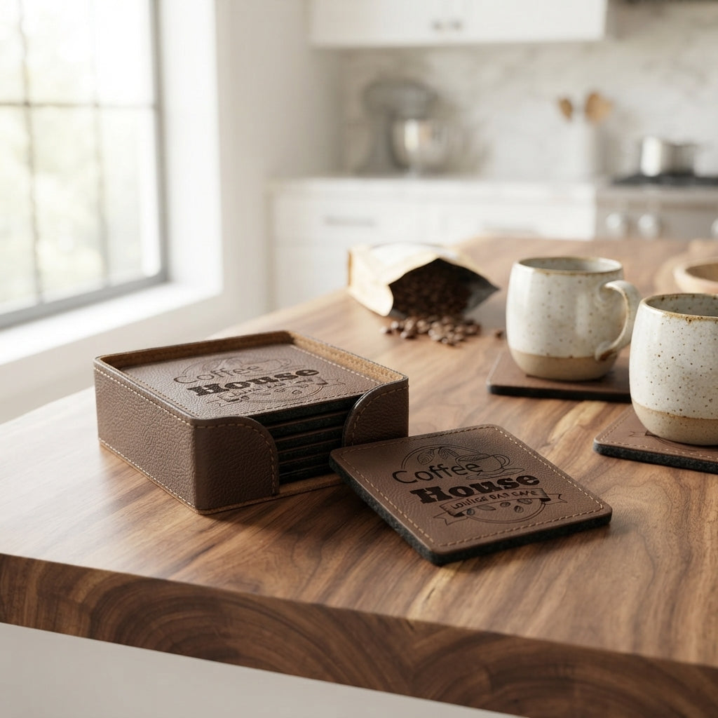 Custom Engraved Leather Coaster Set